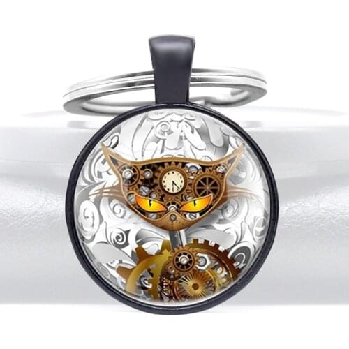 Classic Steampunk Cat Design Glass Cabochon Metal Key Chain Charm Men Women Key Ring Jewelry Gifts Keychains