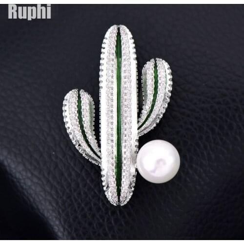 Korean Fashion Zircons Pearl cactus Brooch pin female accessories suit coat creative versatile Badge