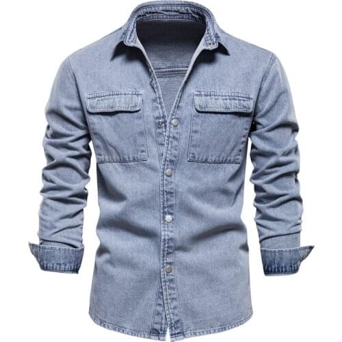 Spring Autumn Men Denim Thin Shirt Long Sleeve Soft 100% Cotton Two Pockets Slim Slight Elastic Jeans Cowboy USA Size S-XXL