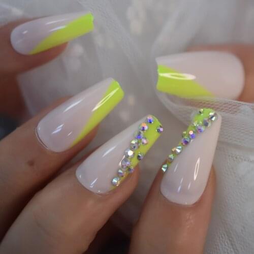 Fake Diamond Rhinestone Nail Tips Light Green Layered Press On Nails With Design Full Cover Fingernails Coffin Medium Long IMABC
