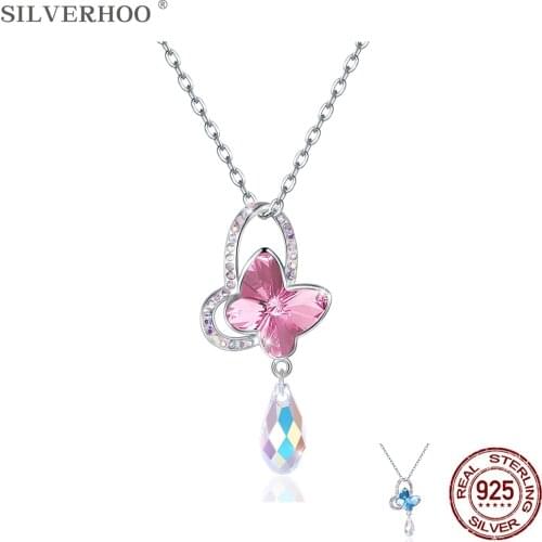 SILVERHOO 925 Sterling Silver Cute Butterfly Necklace Women Dazzling CZ With Austria Crystal Pendant Necklaces For Girl Gift