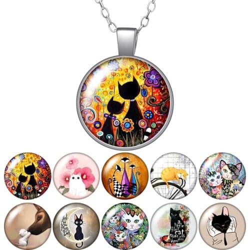 Lovely drawing Cats Flowers Love pets Round Pendant Necklace 25mm Glass Cabochon Silver color Jewelry Women Birthday Gift 50cm