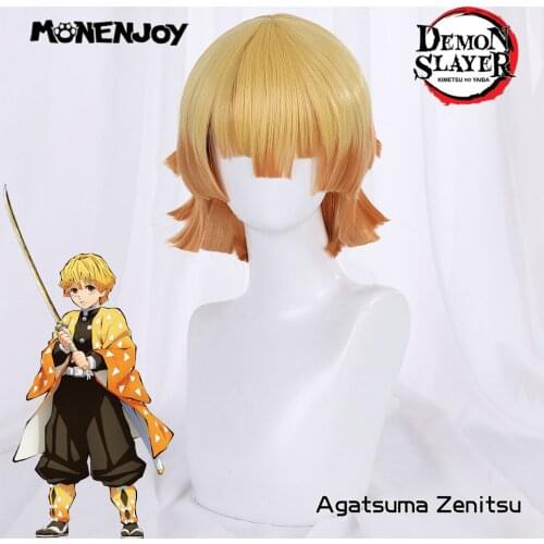 Monenjoy Demon Slayer Agatsuma Zenitsu Cosplay Wig Orange Ombre Triple layered hairstyle Cos Hair