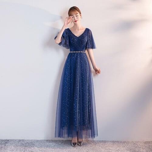 Special Occasion Dress Illusion V-Neck Short Luxury Royal Blue Sequined A-Line Backless Tulle Lace Vintage Women Prom Gown E1058