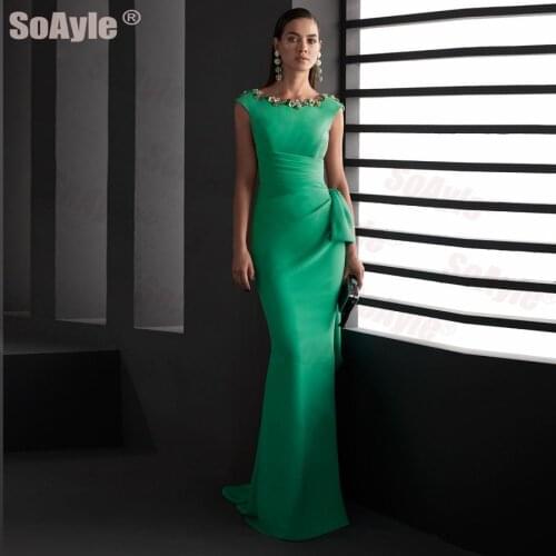 SoAyle Boat Neckline Sleeveless Sexy Open Back Evening Dress 2020 Crystal Beading Draped Green Crepe Evening Dresses