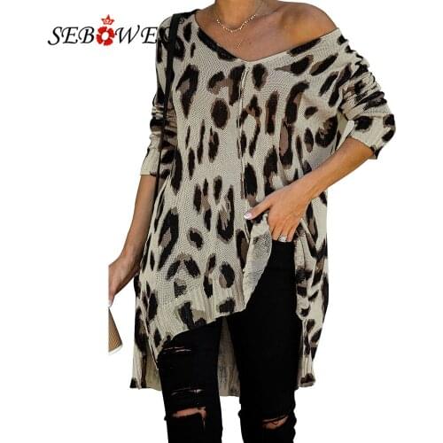 SEBOWEL Casual Women Long Sleeve Oversized Tunic Sweater Leopard Fall Winter 2020 Female V Neck Loose Style Knitted Pullovers