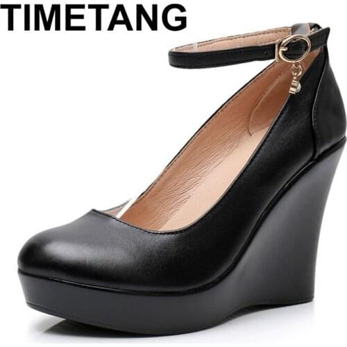 TIMETANGFashion Ankle Strap High Wedge Platform Pumps For Women Casual Genuine Leather Black Work Shoes High Heels