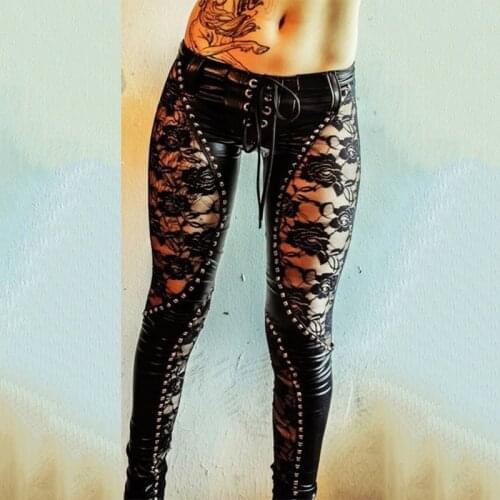 Vintage Black Drawstring Hollow Out Leather Skinny Pants Ladies Y2k Spring Winter High Waist Pencil Pant for Women Clothes