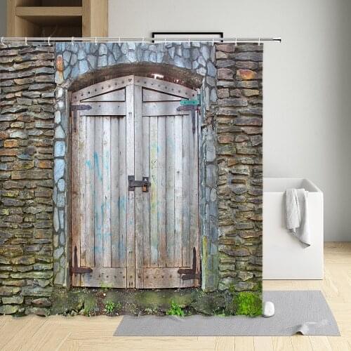 Retro Wooden Door Shower Curtains Nostalgia Art Style Decor Background Decoration Background Polyester Waterproof Sets with Hook