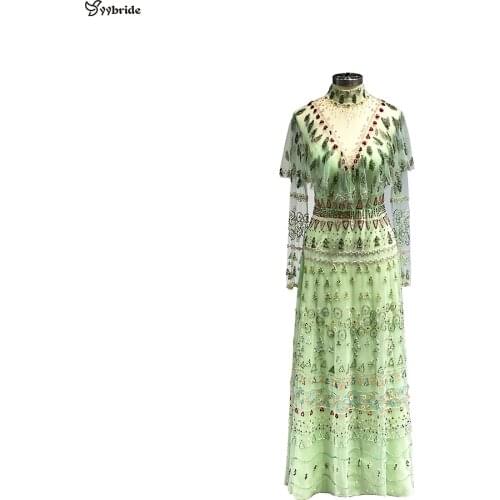 YYbride Newest Light Green Color High Neck Long Sleeves Floor Length Prom Dresses Full Beading Elegant Girl Lovely Evening Gown