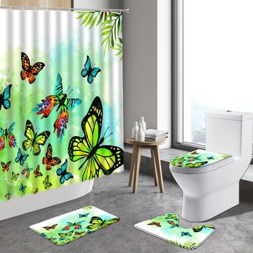 Colorful Butterfly Shower Curtain Cartoon Animal Creative Decor Flower Bird Curtains Child Home Bathroom Non-slip Rug Bath Mats