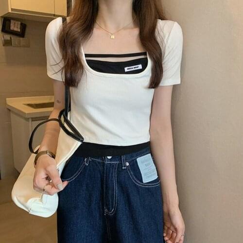 Woman Tshirts Fake Two-Piece Top Female Summer 2021 White Short Crop Top Mujer Camisetas