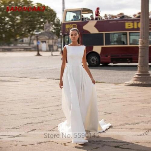 Simple A Line Satin Wedding Dress Sleeveless Boho Romantic Button Backless Bridal Gown Vestido De Novia 2020 Mariage Online Shop