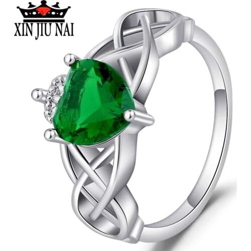 Hollow Design Green Heart-shaped High Quality Zircon Silver Aperture Ladies Ring Elegant Womens Best Valentines Day Gift