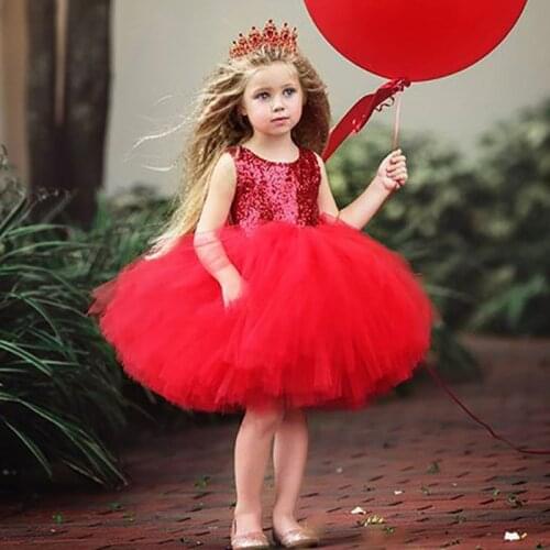2020 Pageant Baby Girl Princess Dress Kids Tutu Tulle Backless Party Costume Red Ball Gown Girls Formal Dresses High Quality