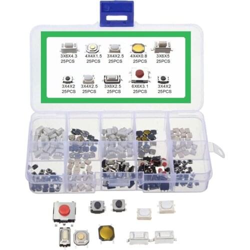 250Pcs/box Mixed Tactile Push Button Switch 3x6x4.3 4x4x1.5 3x4x2.5 4x4x0.8 3x6x5 3x4x2 3x4x2.5 3x6x2.5 6x6x3.1 3x4x2