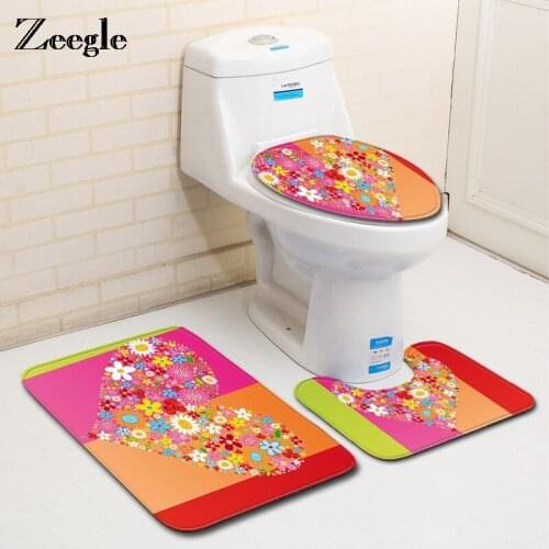 Zeegle Romantic Valentine 3Pcs Toilet Rug Set Non-slip Bathroom Floor Mats Flannel Bathroom Carpet Toilet Lid Cover Bath Mat Set