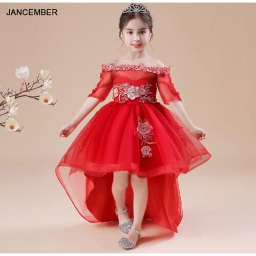 B032 Appliques Half Sleeve Flower Girls Wedding Christmas Children Evening Party Dress 2021 Kids Ball Gowns