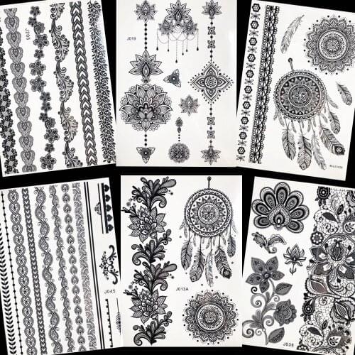 Black Bracelet Temporary Tattoo Women Arm Dreamcatcher Fake Tatoos Henna Flower Chains Body Art Waterproof Tattoo Chest Pendant