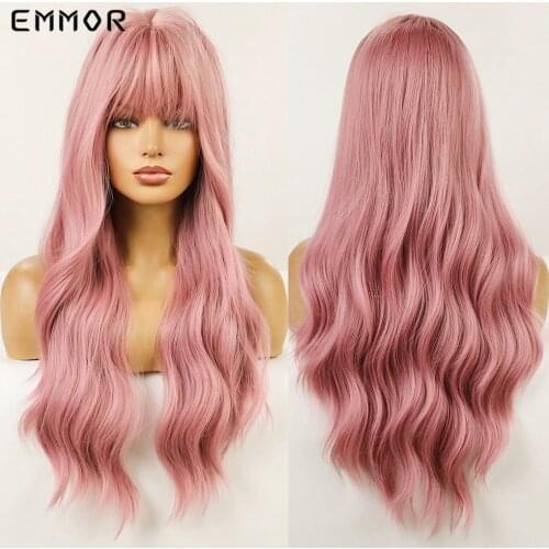 Emmor Long Body Natural Pink Wig for Women Synthetic Wavy Wigs with Bangs Fashion Heat Resistant Fiber Cosplay Party Hair Wig