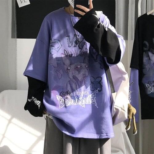 Patchwork Tshirt Streerwear Autumn Japanese Purple T Shirt Long Sleeve Tees Girl Hip Hop Tops Causal Loose Punk T Shirts Female