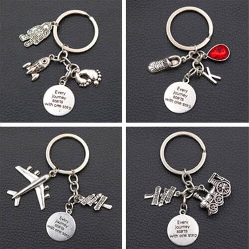 Every Joumey Starts With One Step -Creative Metal Keychain Astronaut Charm Space Shuttle Charm Aircraft Charm Train Charm 1pcs