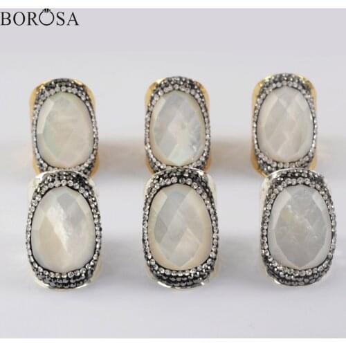 BOROSA Natural White Shell Ring Mother of Pearl Ring in Gold Ring Cubic Zirconia Rings Rhinestone Ring for Women Jewelry JAB976
