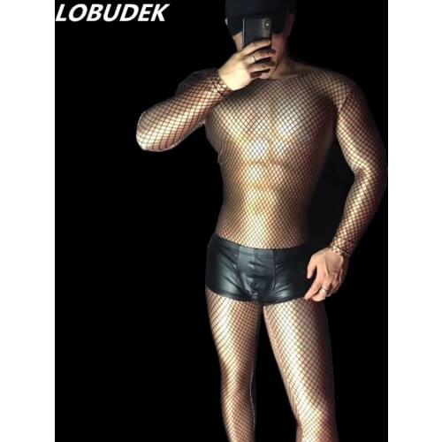 2 Colors Grid pattern Printed Stretch Leotard Jumpsuit Sexy Men Dancer Nightclub Bar Pole Dance DJ Acrobatic performance Costume