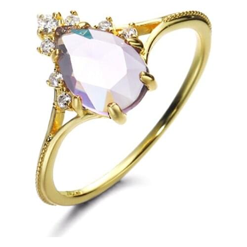 LAMOON Ring For Women Amethyst Ring Water Drop Gemstone 14K Gold Plated 925 Sterling Silver Fine Jewelry LMRI142