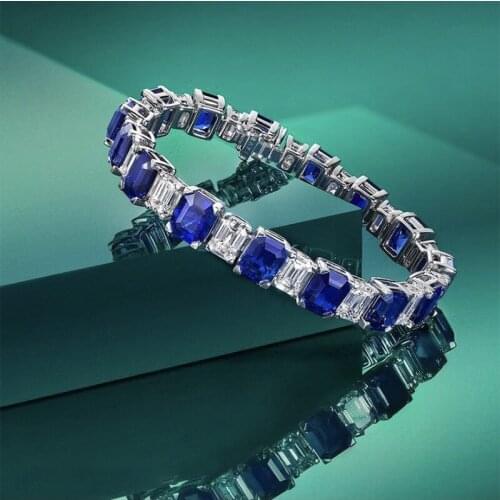 Hot Sale 18CM Solid Silver 925 Bracelet Emerald Cut Sapphire Birthstone Bangle Bracelets for Women Men Fine Jewelry Wholesale