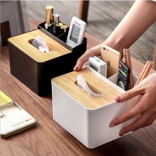 Solid Wood Cover Multi-function Tissue Box Black And White Two-color Debris Storage Box