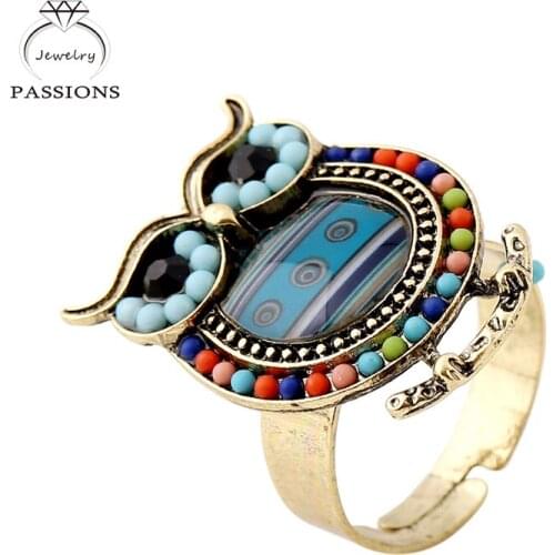 Fashion Simple Vintage Style Antique Gold with Colorful Animal Beads Adjustable Elephant Finger Rings for Women&Girl