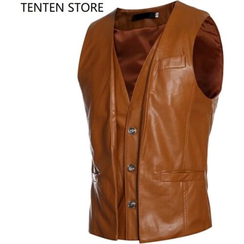 Mens faux leather biker jacket vest mens v neck plus sizes sleeveless black brown slim vest jacket casual gilet coats 3 colors
