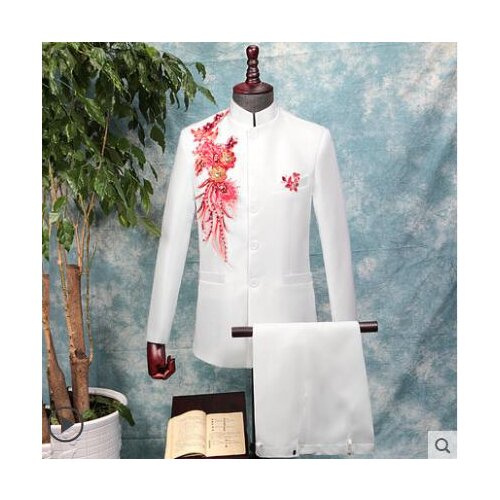 Stand collar mens Chinese tunic suit set pants wedding suit Sequin embroidery singer chorus stage trajes para hombre white red