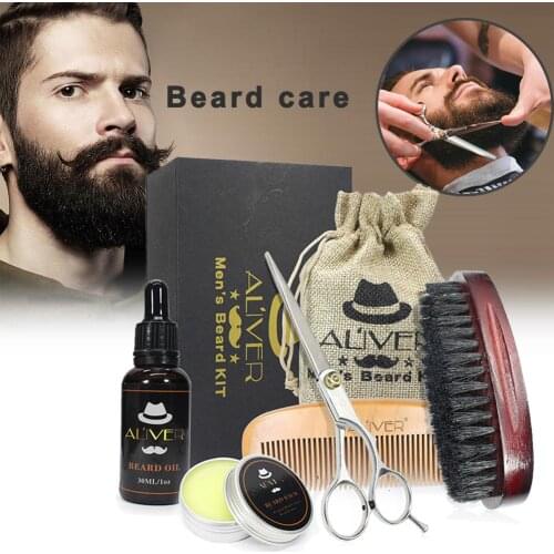 New Hot Selling 5PCS/Set Mens Beard Care Set Beard Oil Wax Scissors Bristle Brush Modeling Tool