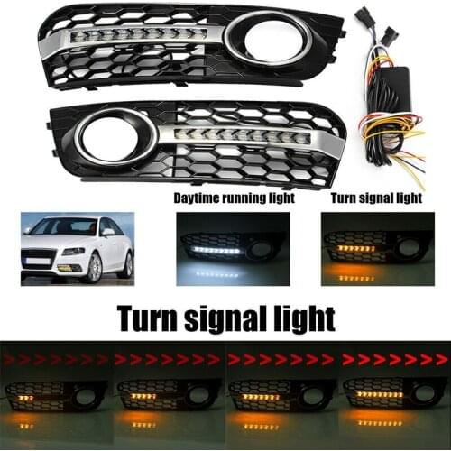 Honeycomb Hex Mesh Fog Cover Grille Grill with Flowing Led Turn Signal Daytime Running Light for A4 B8 2009-201