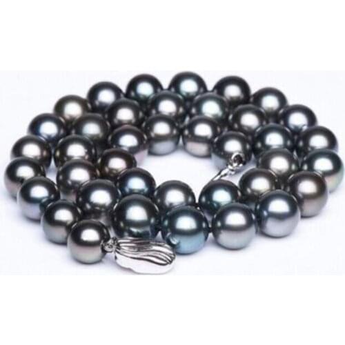 Stunning natural 11-12mm freshwater black green pearl necklace 18inch 925silver