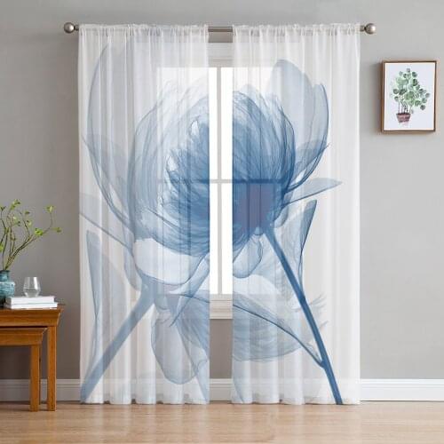 Flower Blue Painting Sheer Curtain for Living Room Bedroom Kitchen Modern Tulle Window Treatment Home Decor