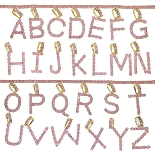 Romantic Charm 26 Initial Letter Iced Out Pink CZ Zircon Necklace Pendant Letter Link Tennis Chain Women Hip-hop Fashion Jewelry