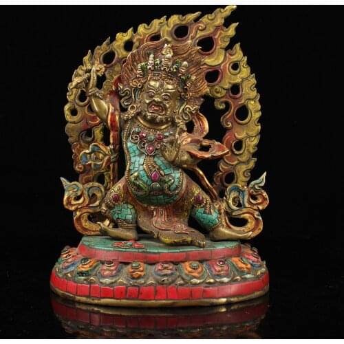 Rare Tibetan Buddhist handmade buddha Statue, Old Pure copper Inlaid semi-precious stones Mahakala sculpture From Tibet
