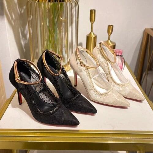 Sexy High Heels Women Lace Genuine Leather Patchwork Clear Shoes Ankle Strap 9cm Heels Luxury Brand New Design Shoes for Women