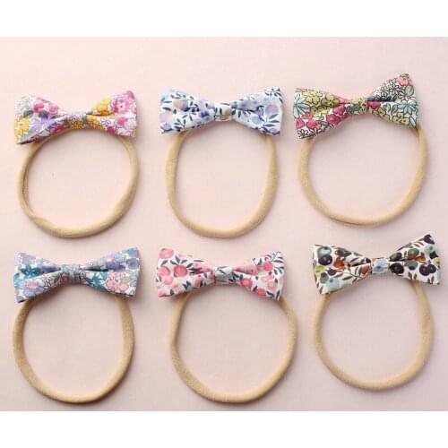 Spring Pink Floral Hand-Tied Cotton Bow Hair Accessory stretchy nylon headband Floral Spring Bow Infant Toddler Hair bows HB338D