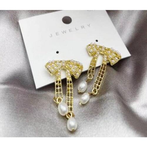 Jewelry 100% Natural freshwater Pearl bow Earring 925 sterling Silver hook drop Hand woven 14k Note gold pair