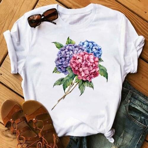 Maycaur Womens T-shirt Kawaii Flower Print Shirts Casual Graphic T-shirt O-neck Harajukus 90s Girls Streetwear Ladies Girls Top
