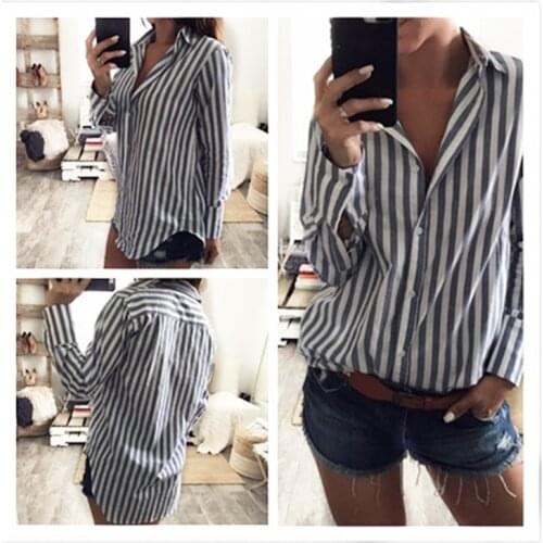 S-2XL women long sleeve turn-down collar shirt lady spring autumn brand striped shirt casual leisure blue white tops shirt