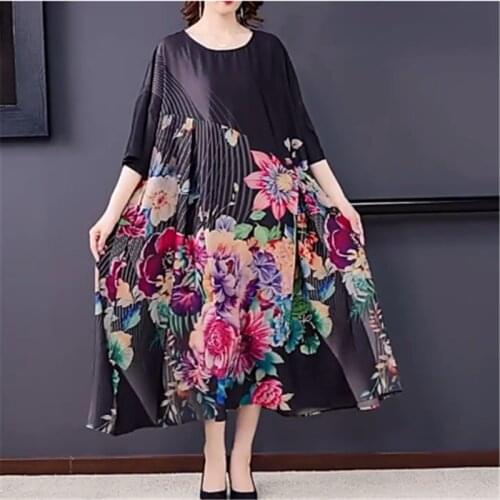 2021 Summer New Fashion Retro Flower Printed Silk Dress Loose Irregular Long Plus Size Dresses for Women Party Undefined