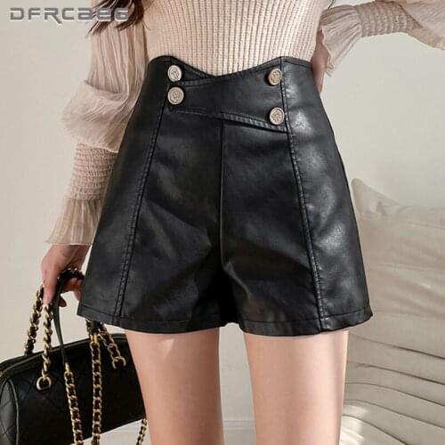 Black Women Leather Wide Leg Shorts With Metal Buttons 2021 Autumn Winter Lady Slim Club Pu Short Trousers Female
