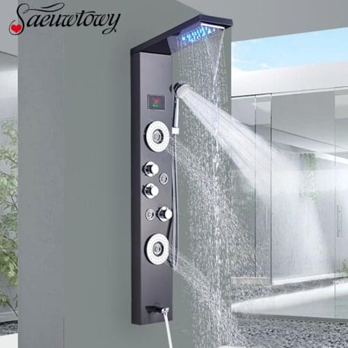 Black/Brushed Bathroom Shower Faucet LED Shower Panel Column Bathtub Mixer Tap With Hand Shower Temperature Screen Back Massage