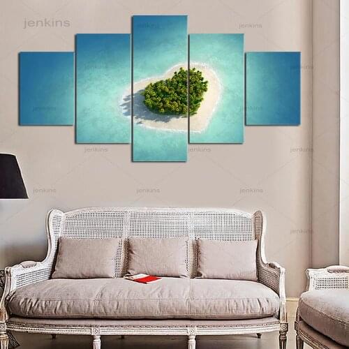 Home Decor 5 Pieces Canvas Painting Maldive Blue Water Love Ocean Island Heart Beach Pictures for Living Room Wall Art Poster