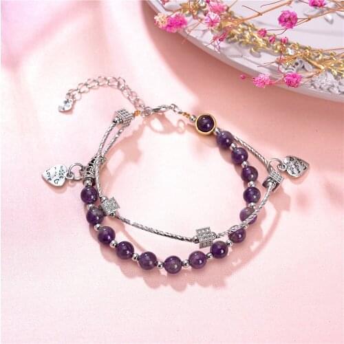 Double Deck Bohemia Natural Amethysts Purple Crystal Beaded Bracelet Madam Girls Yoga Jewelry Hologram Bracelets Bangle Y997